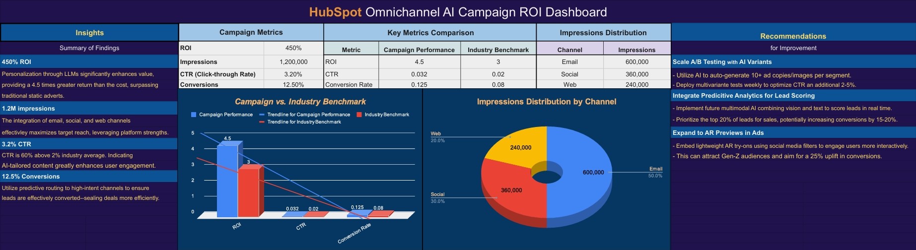 HubSpot omnichannel AI campaign dashboard showing modeled ROI and channel performance