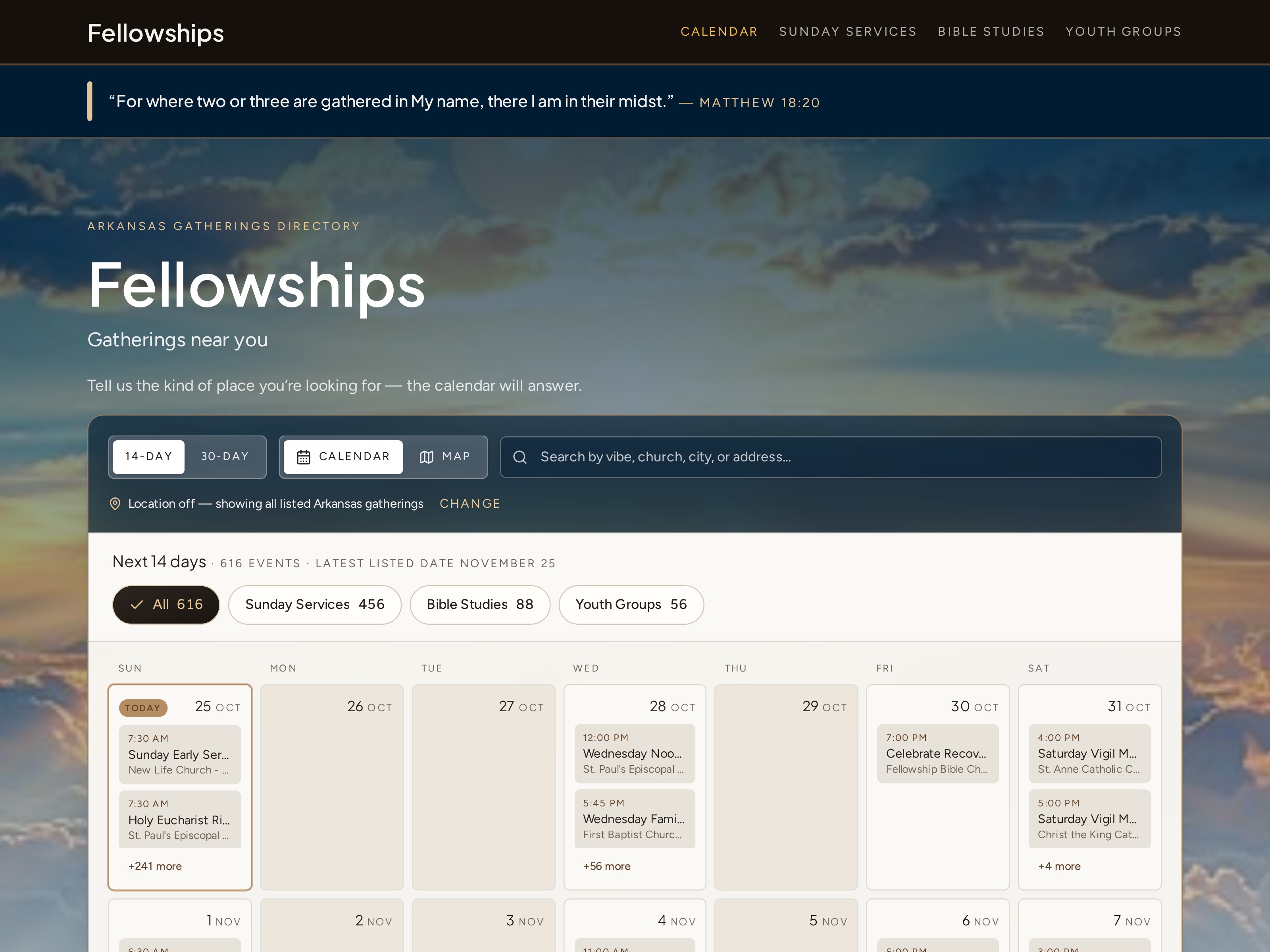 Fellowships 30-day calendar with the obsidian masthead and permanent midnight-navy Matthew 18:20 ribbon