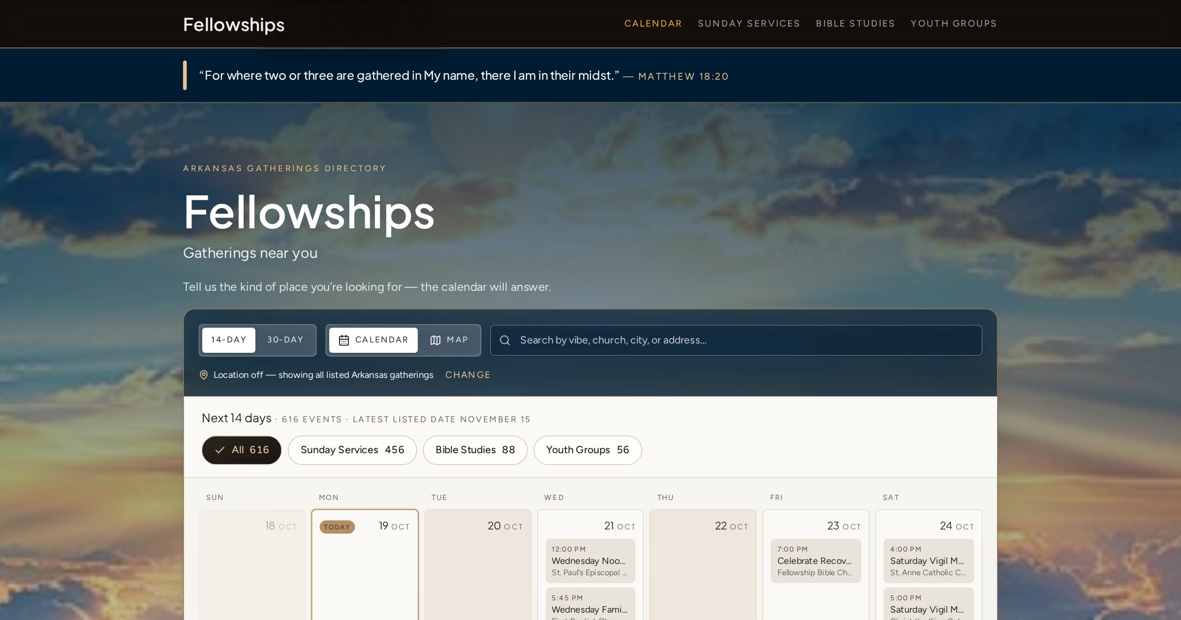 Fellowships 30-day calendar with the obsidian masthead and permanent midnight-navy Matthew 18:20 ribbon