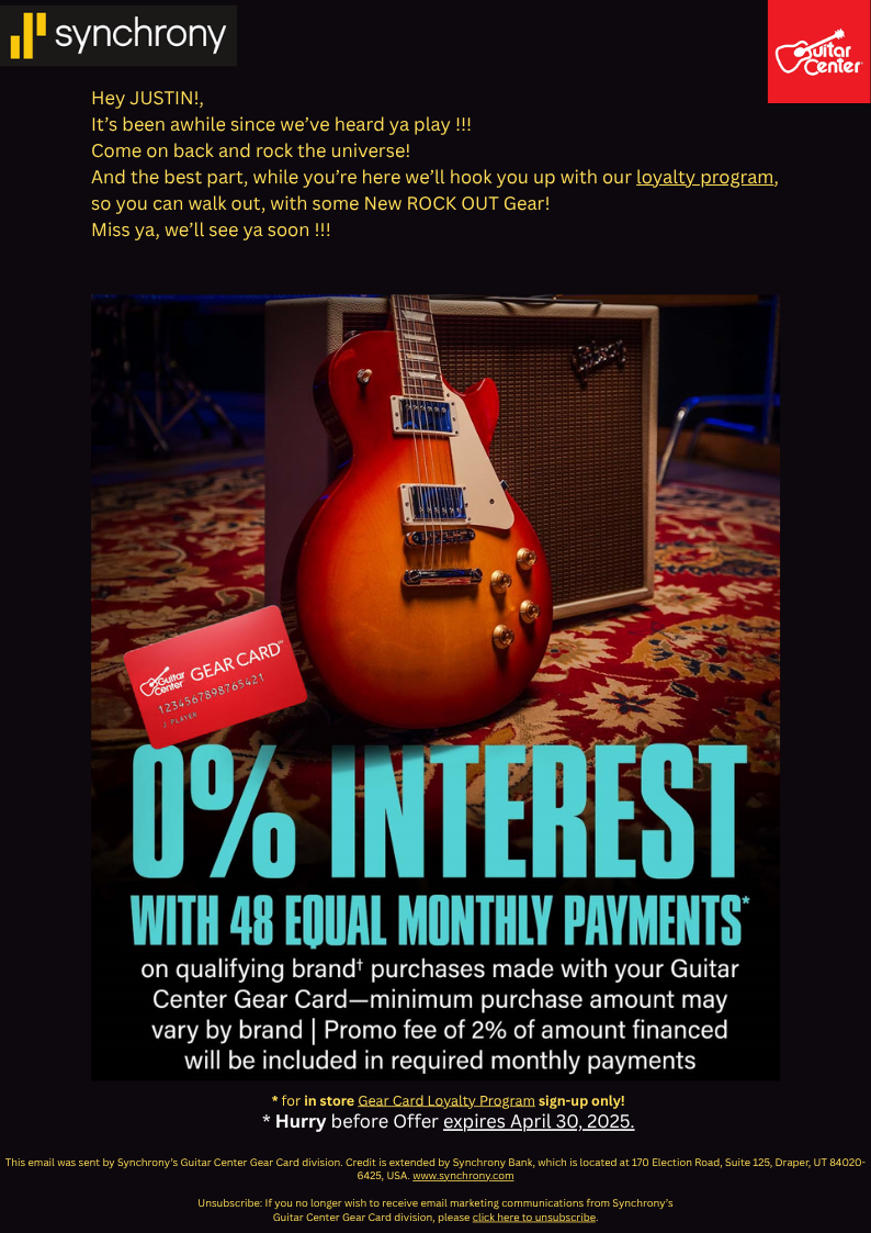 Guitar Center promotional email advertisement concept